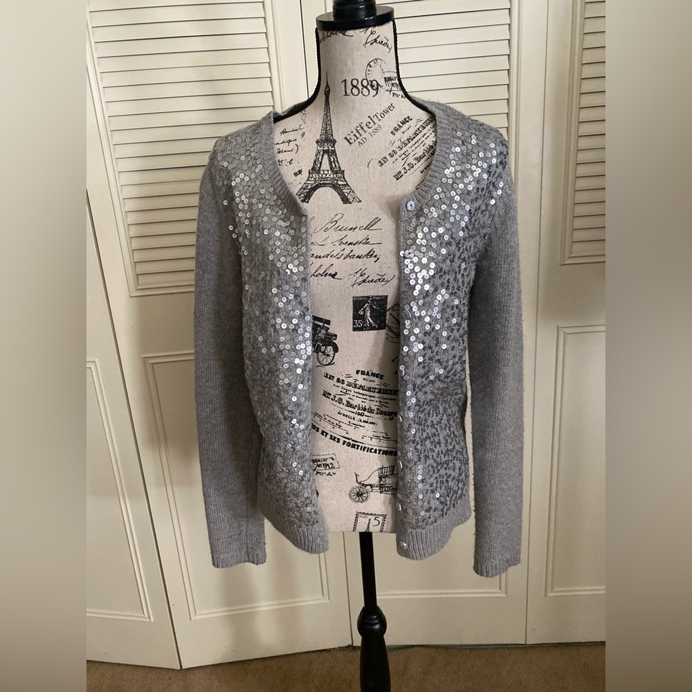 Ann Taylor gray silver sequin cardigan sweater